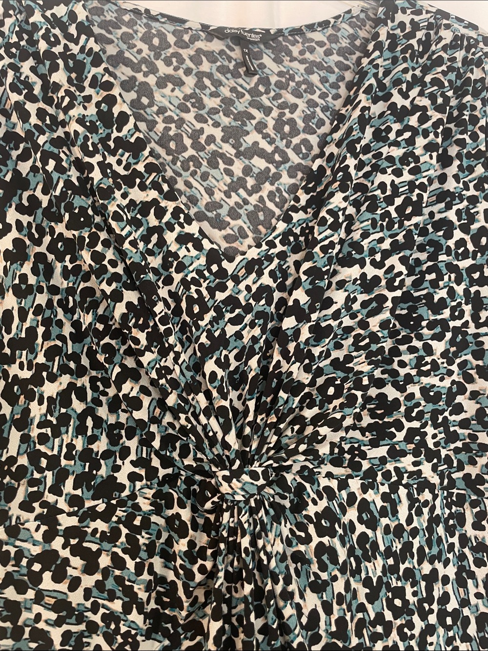 Daisy Fuentes 1X  Teal Black White Leopard-Print Wrap Pullover Top Preworn - Picture 4 of 13